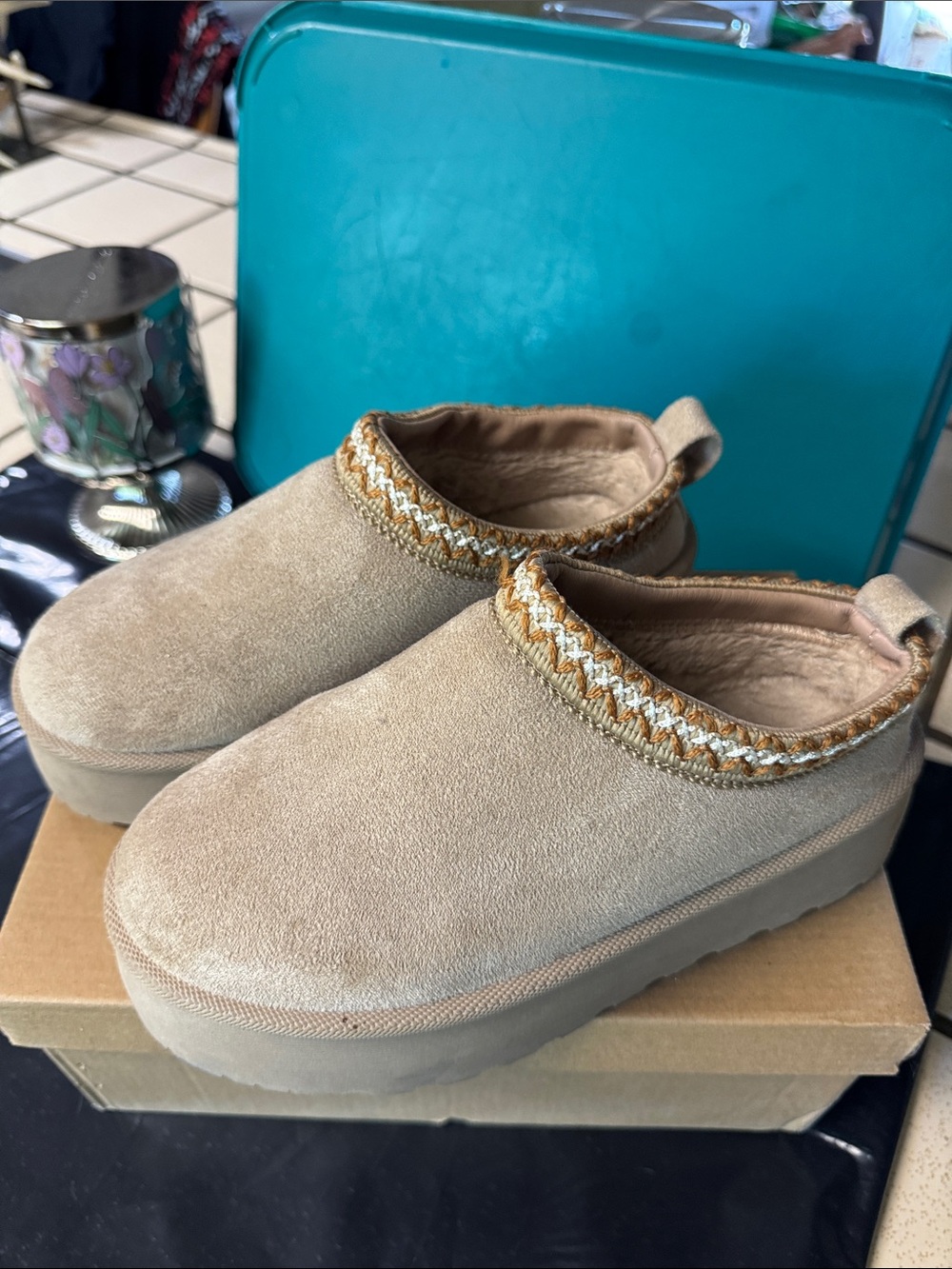 Mudd Tan Slip-On Platform Slippers with Braided Trim